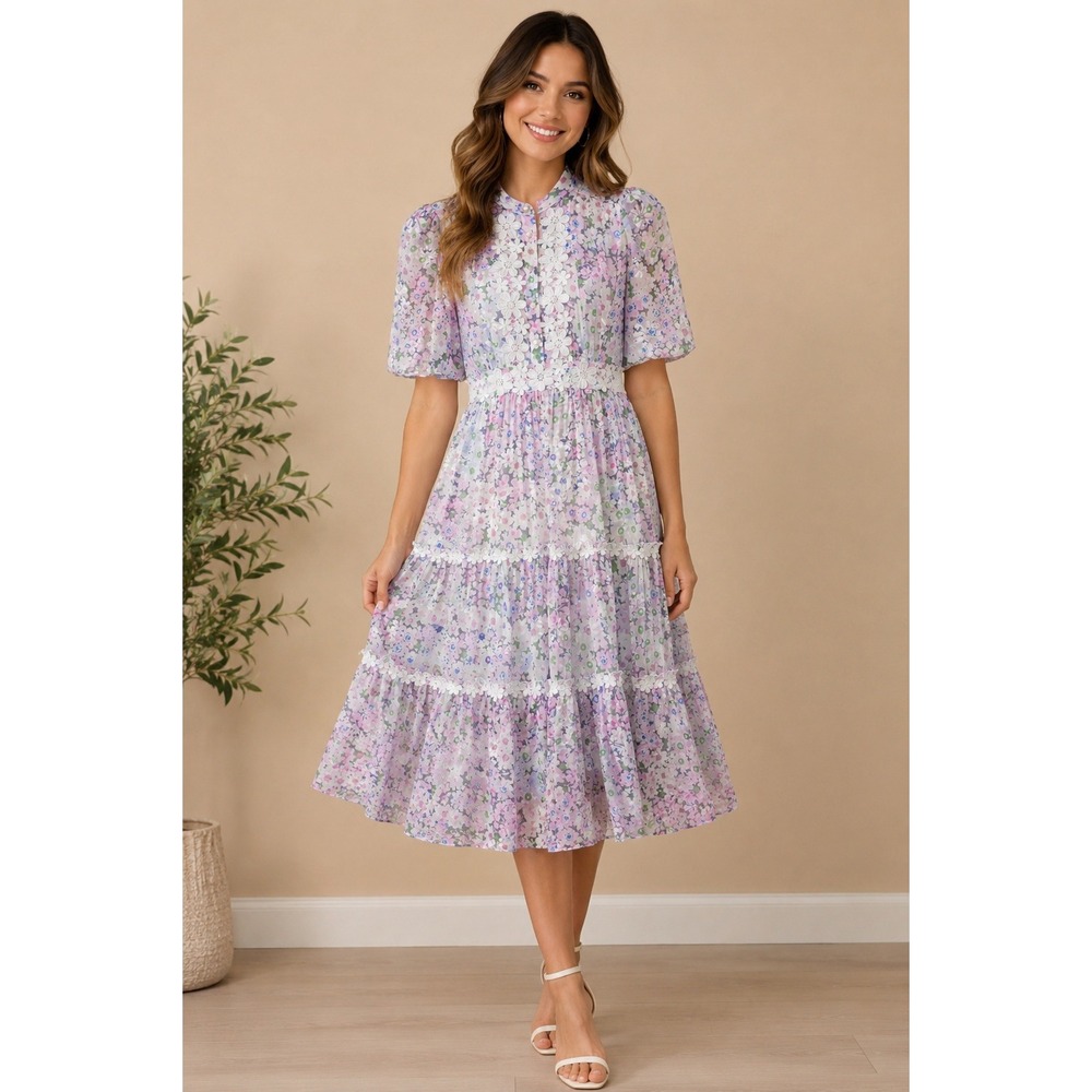 Kate Spade New York Floral Silk Blend Tiered Midi Dress Purple Lace Trim Size 0